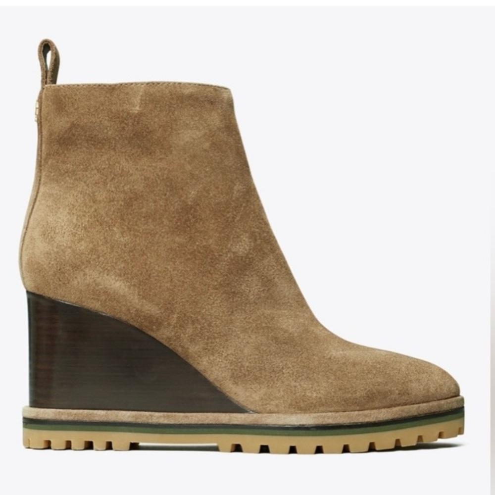 Tory Burch Natural Suede Wedge Bootie, River Rock, NWT
